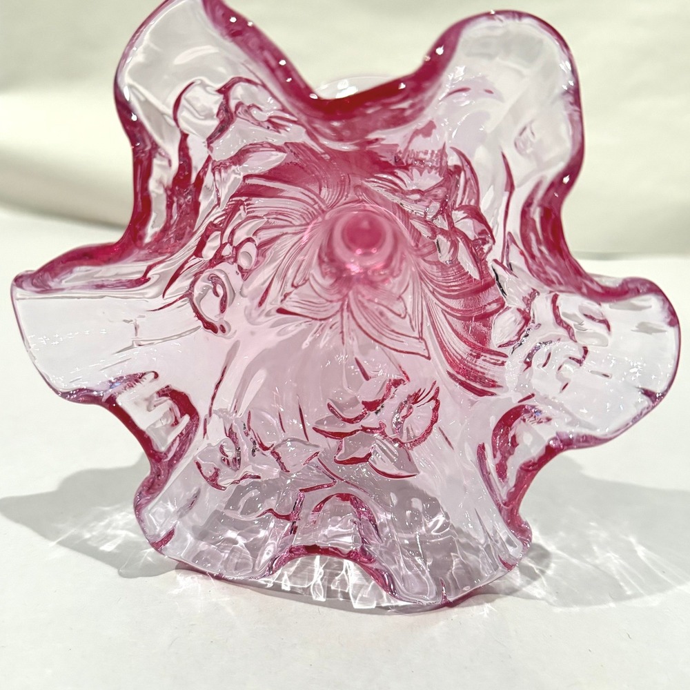 Fenton Empress Rose Pink Glass Vase Daffodil Embossed Ruffled Crimped Footed - Picture 4 of 8